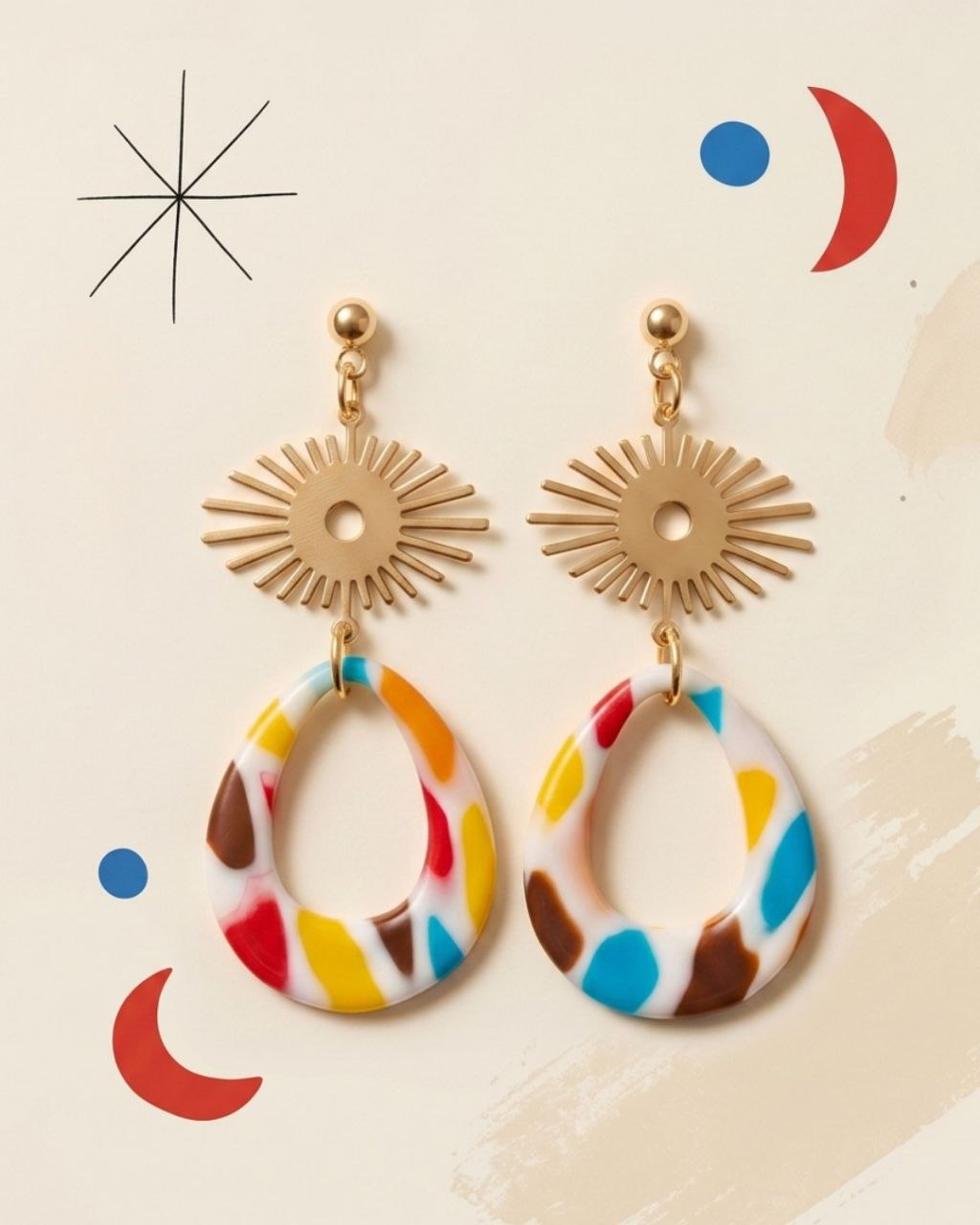 Pendientes Joan Miró, originales, arcilla polimérica, bañados en oro
